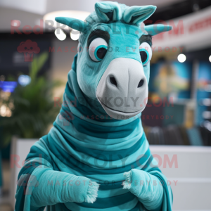 Teal Quagga mascot costume character dressed with a Turtleneck and Wraps