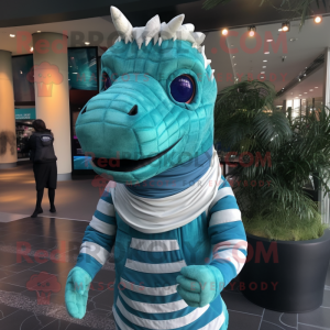 Teal Quagga mascot costume character dressed with a Turtleneck and Wraps