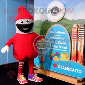 Red Tomato mascot costume character dressed with a Board Shorts and Beanies