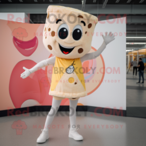 Cream Pizza Slice mascot costume character dressed with a Yoga Pants and Necklaces