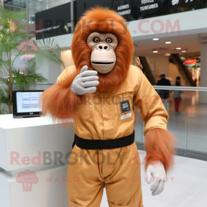 Beige Orangutan mascot costume character dressed with a Bodysuit and Gloves