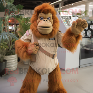 Beige Orangutan mascot costume character dressed with a Bodysuit and Gloves