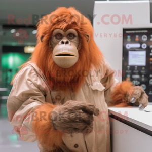 Beige Orangutan mascot costume character dressed with a Bodysuit and Gloves