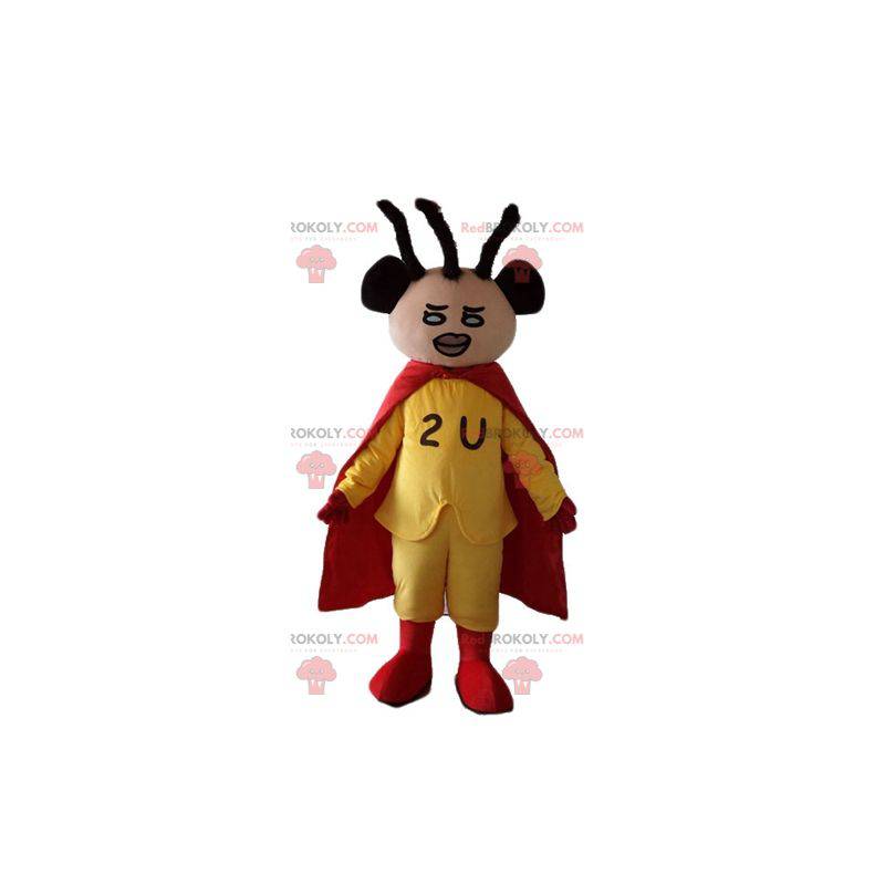 Mascota de superhéroe afroamericano vestida de amarillo y rojo Mascota de superhéroe afroamericano vestida de amarillo y rojo