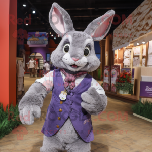 Lavender Wild Rabbit mascot costume character dressed with a Waistcoat and Rings