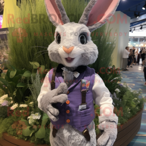 Lavender Wild Rabbit mascot costume character dressed with a Waistcoat and Rings