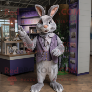 Lavender Wild Rabbit mascot costume character dressed with a Waistcoat and Rings