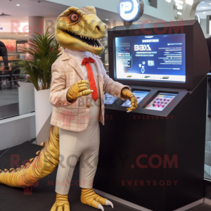 Beige Allosaurus mascot costume character dressed with a Blazer and Digital watches