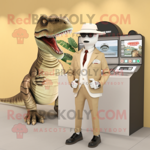 Beige Allosaurus mascot costume character dressed with a Blazer and Digital watches