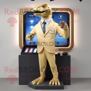 Beige Allosaurus mascot costume character dressed with a Blazer and Digital watches