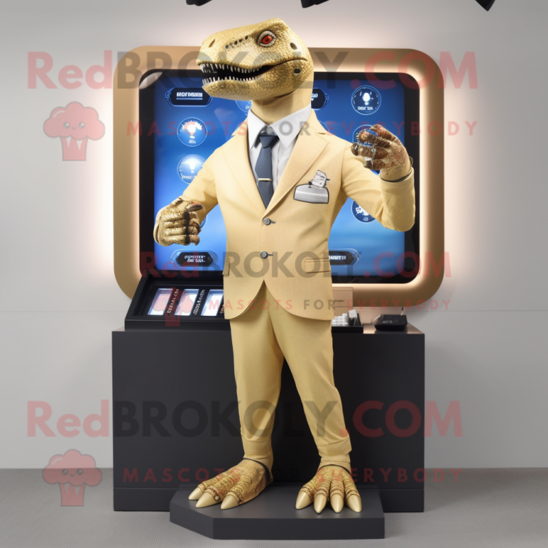 Beige Allosaurus mascot costume character dressed with a Blazer and Digital watches Beige Allosaurus mascot costume character dressed with a Blazer and Digital watches