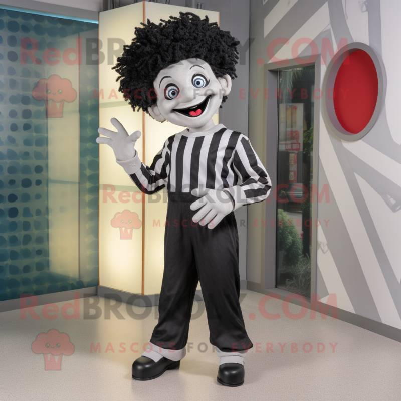 Black Mime mascot costume character dressed with a Flare Jeans and Shoe laces