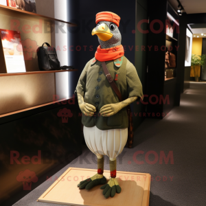 Olive Pheasant mascot costume character dressed with a Leggings and Berets