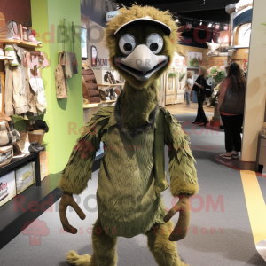 Olive Ostrich mascot costume character dressed with a Henley Tee and Suspenders