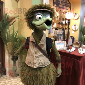Olive Ostrich mascot costume character dressed with a Henley Tee and Suspenders