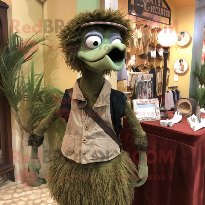 Olive Ostrich mascot costume character dressed with a Henley Tee and Suspenders Olive Ostrich mascot costume character dressed with a Henley Tee and Suspenders