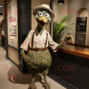 Olive Ostrich mascot costume character dressed with a Henley Tee and Suspenders