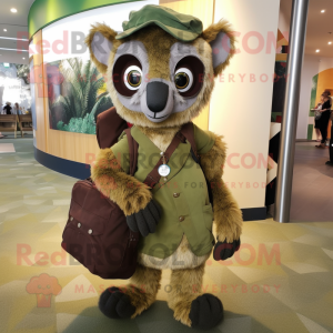 Olive Lemur mascot costume character dressed with a A-Line Skirt and Backpacks