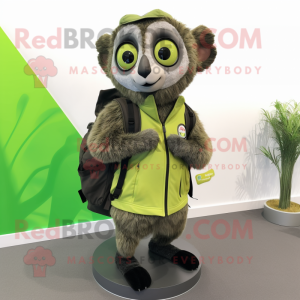 Olive Lemur mascot costume character dressed with a A-Line Skirt and Backpacks