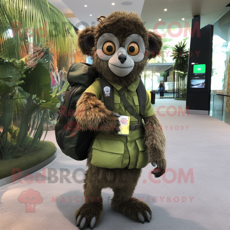 Olive Lemur mascot costume character dressed with a A-Line Skirt and Backpacks Olive Lemur mascot costume character dressed with a A-Line Skirt and Backpacks