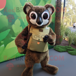 Olive Lemur mascot costume character dressed with a A-Line Skirt and Backpacks