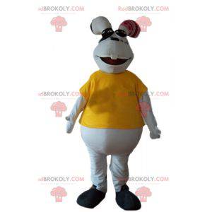 White and plump rabbit mascot with a yellow t-shirt -