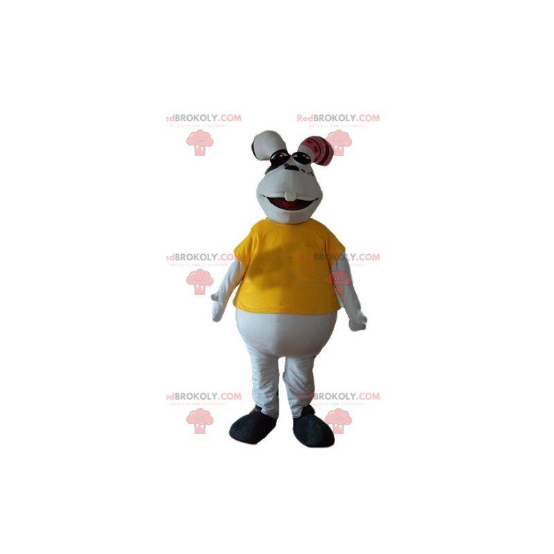 White and plump rabbit mascot with a yellow t-shirt -