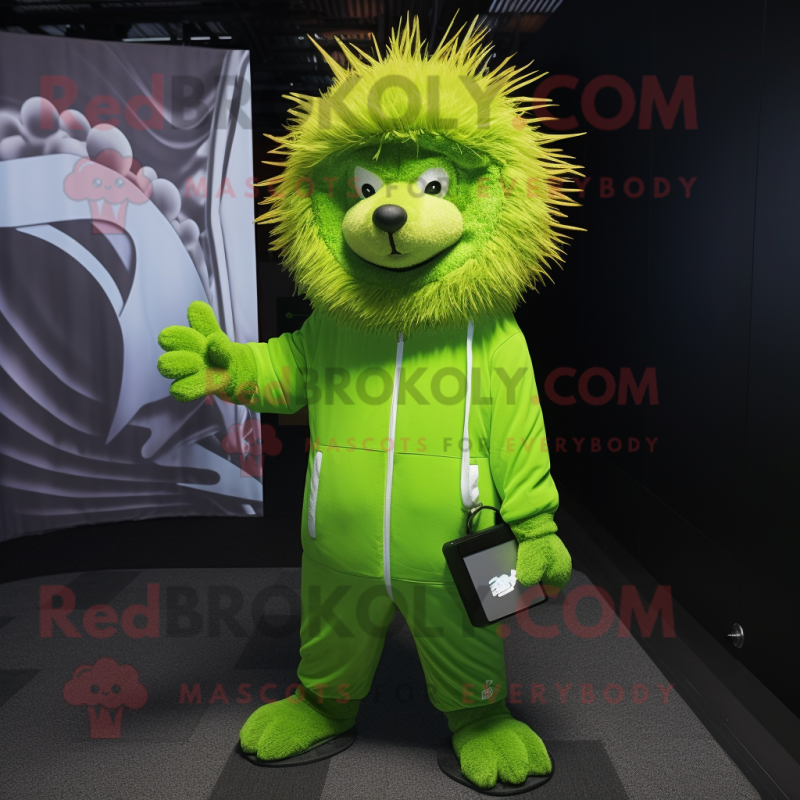 Lime Green Porcupine mascot costume character dressed with a Jumpsuit and Berets