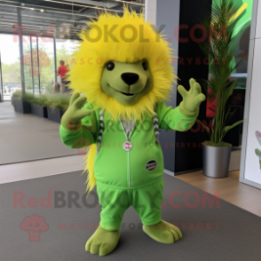 Lime Green Porcupine mascot costume character dressed with a Jumpsuit and Berets