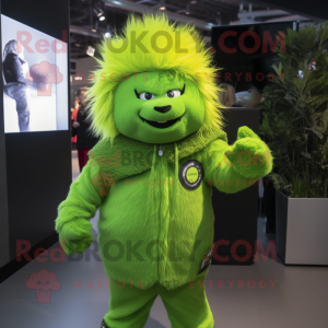 Lime Green Porcupine mascot costume character dressed with a Jumpsuit and Berets