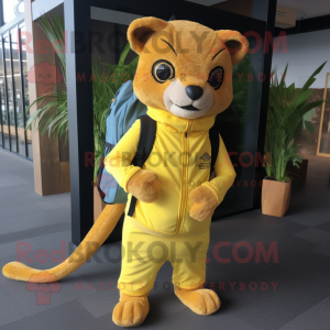 Lemon Yellow Jaguarundi mascot costume character dressed with a Cover-up and Backpacks