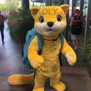 Lemon Yellow Jaguarundi mascot costume character dressed with a Cover-up and Backpacks