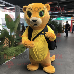 Lemon Yellow Jaguarundi mascot costume character dressed with a Cover-up and Backpacks