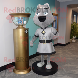 Gray Hourglass mascot costume character dressed with a Rash Guard and Lapel pins