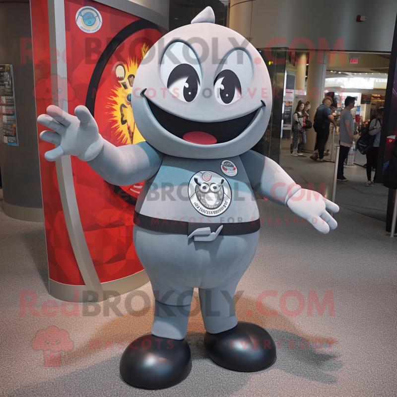 Gray Hourglass mascot costume character dressed with a Rash Guard and Lapel pins