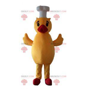 Mascote pato amarelo e pintinho vermelho com chapéu de chef -