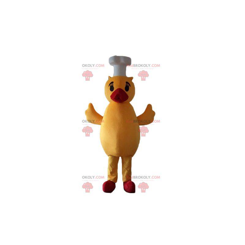 Maskot žlutá kachna a červená kočka s kuchařskou čepicí -