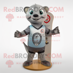 Gray Hourglass mascot costume character dressed with a Rash Guard and Lapel pins