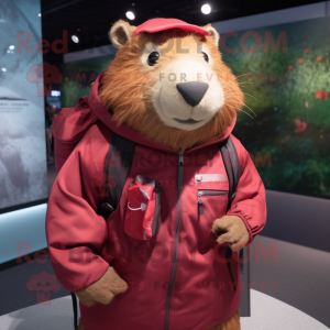 Maroon Capybara mascot costume character dressed with a Windbreaker and Backpacks