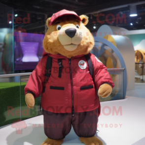 Maroon Capybara mascot costume character dressed with a Windbreaker and Backpacks