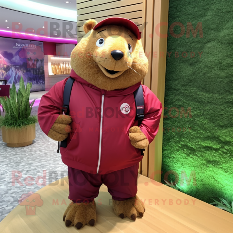 Maroon Capybara mascot costume character dressed with a Windbreaker and Backpacks