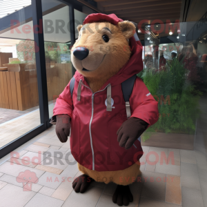 Maroon Capybara mascot costume character dressed with a Windbreaker and Backpacks