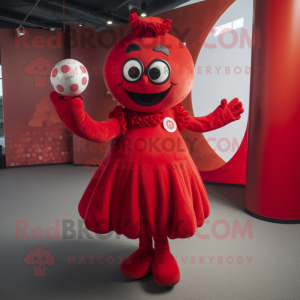 Red Juggle mascot costume character dressed with a A-Line Skirt and Gloves