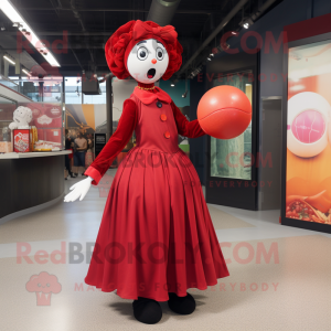 Red Juggle mascot costume character dressed with a A-Line Skirt and Gloves