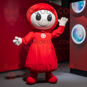 Red Juggle mascot costume character dressed with a A-Line Skirt and Gloves