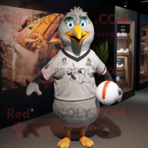 Gray Gull mascot costume character dressed with a Rugby Shirt and Brooches