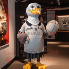 Gray Gull mascot costume character dressed with a Rugby Shirt and Brooches