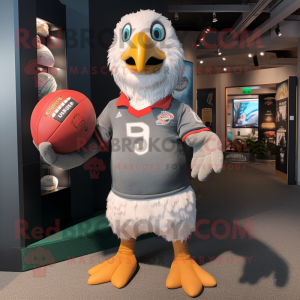 Gray Gull mascot costume character dressed with a Rugby Shirt and Brooches