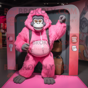 Pink Gorilla mascot costume character dressed with a Sweatshirt and Wallets