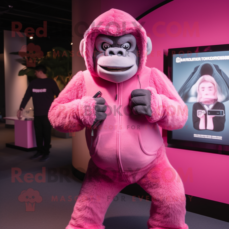 Pink Gorilla mascot costume character dressed with a Sweatshirt and Wallets